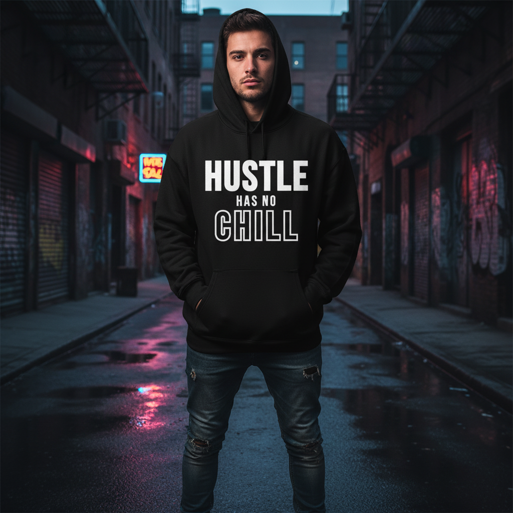 Hustle Has No Chill black hoodie with white graphic